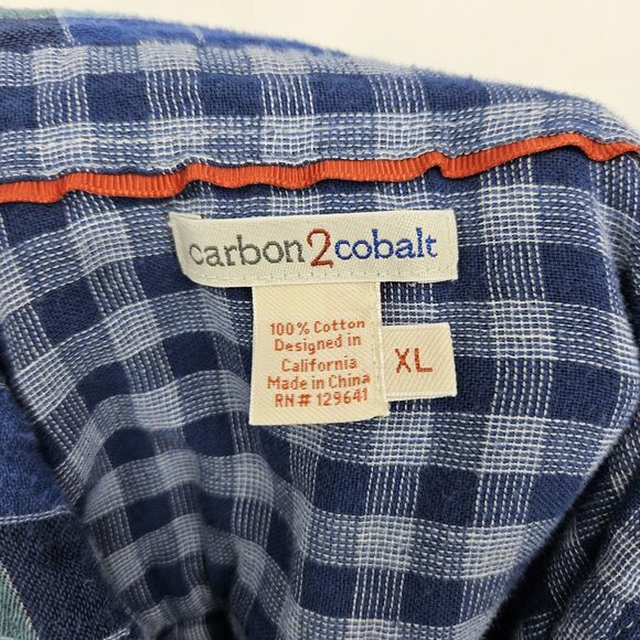 Carbon‎ 2 Cobalt Shirt Mens XL Button Up Long Sleeve Preppy Blue Plaid Flannel - Picture 11 of 12